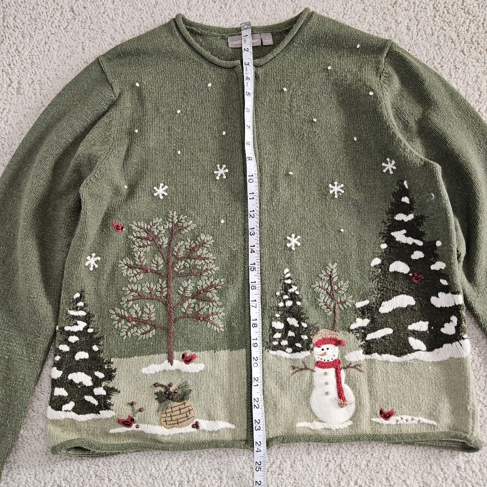 Christmas Holiday Cardigan Green Needlepoint Winter Festive Zip Womens L - Picture 2 of 9